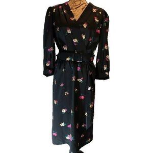 lady carol of new york‎ Black Floral Wrap Style belted Dress Size 14